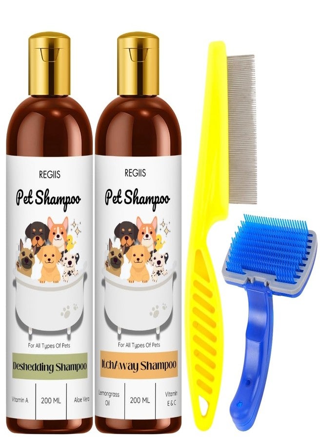 REGIIS Pet Shampoo Set with Grooming Tools, Deshedding and Itchy Way Formula, 200 ML Bottles, Includes Comb and Brush for Dogs - Image 1